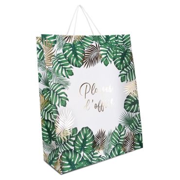 Une pochette cadeau de grande taille aux motifs de fleurs tropicales avec la mention "Plaisir d'offrir" | jourdefete.com