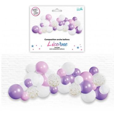 Une arche à ballons de couleur violet, rose et blanc comme les couleurs des licornes | jourdefete.com