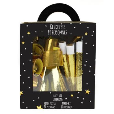 Un kit de fête pour 10 personnes avec des cotillons dorés | jourdefete.com