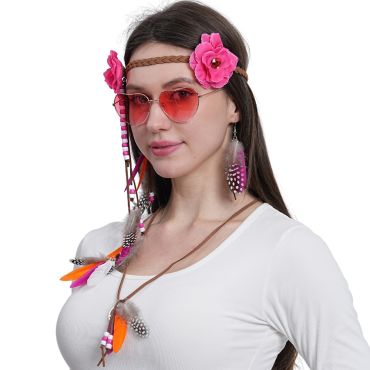 Kit Hippie 4 pièces femme avec lunettes roses, serre-tête fleuri et accessoires à plumes | jourdefete.com
