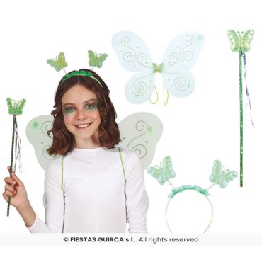 Set papillon enfant 3 pièces vert avec ailes, baguette et serre-tête | jourdefete.com