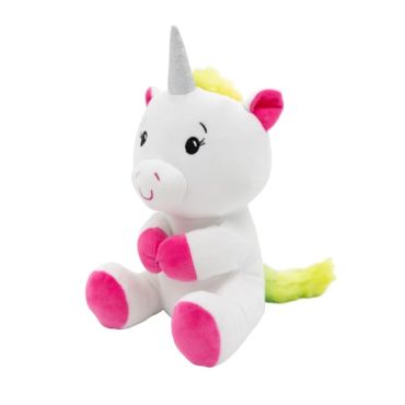 Poids ballon peluche licorne rose et blanc avec corne argentée | jourdefete.com