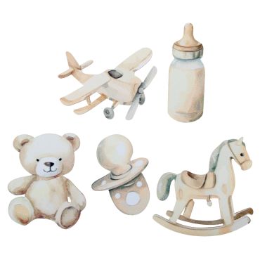 Décorations à parsemer thème bébé ivoire avec ourson, biberon et cheval à bascule | jourdefete.com