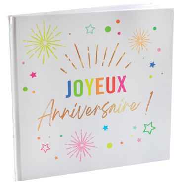 Livre d’or Joyeux Anniversaire blanc et doré avec étoiles et feux d’artifice | jourdefete.com