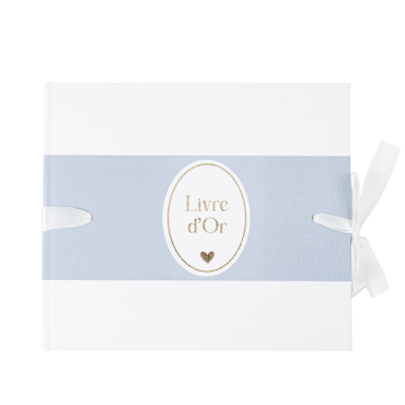 Livre d'or baptême blanc et bleu orage avec ruban satiné | jourdefete.com