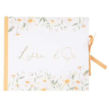 Un joli livre d'or ocre, blanc et doré aux motifs de marguerites pour votre événement festif | jourdefete.com