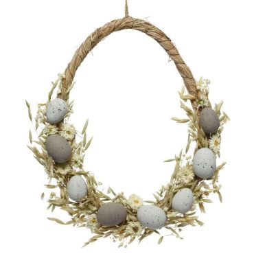 Couronne d'œufs de Pâques en mousse et de fleurs séchées - 35 cm | jourdefete.com