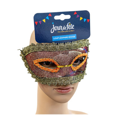 Loup léopard rouge avec tissu imprimé léopard et bordures dorées | jourdefete.com Loup léopard rouge avec tissu imprimé léopard et bordures dorées | jourdefete.com