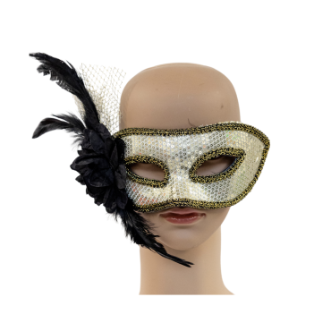 Loup pailletté doré avec sequins, plumes et élégante fleur noire | jourdefete.com