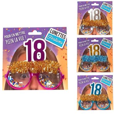 Lunettes festives confettis “18 ans” avec guirlande et verres colorés | jourdefete.com