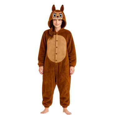 Déguisement femme monstre brun inspiré Labubu avec capuche et oreilles | jourdefete.com