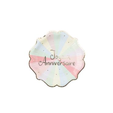 8 assiettes en carton joyeux anniversaire Mahault Pastel et Or