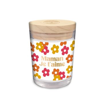 Bougie en verre "Maman je t’aime" fleurs colorées avec couvercle bois | jourdefete.com