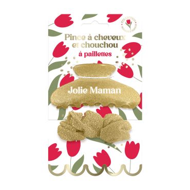 Pince à cheveux dorée Jolie Maman et chouchou à paillettes assorti sur carton fleuri | jourdefete.com