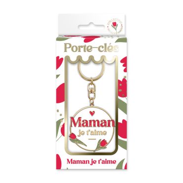 Porte-clés en métal doré et blanc avec médaillon Maman je t'aime et tulipes rouges pour la Fête des Mères | jourdefete.com