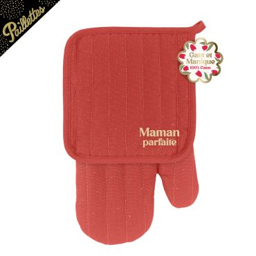 Set de cuisine gant et manique rouge en coton avec broderie dorée Maman parfaite pour la Fête des Mères | jourdefete.com