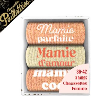 Coffret trio de chaussettes pailletées Mamie messages affectueux cadeau fête des grands-mères | jourdefete.com