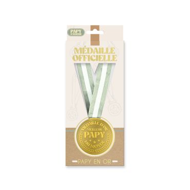 Médaille dorée avec ruban vert clair et inscription "Meilleur Papy du Monde" | jourdefete.com