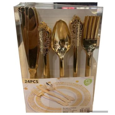 Ménagère luxe dorée avec motifs élégants 24 pièces | jourdefete.com