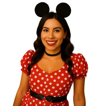 Serre-tête souris noire style Mickey porté par un modèle souriant | jourdefete.com