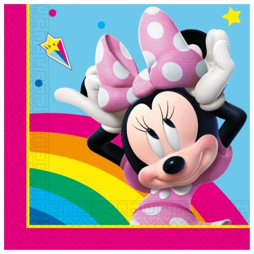 Serviettes d’anniversaire Minnie Rainbow 33x33 cm avec arc-en-ciel et Minnie Mouse en rose | jourdefete.com