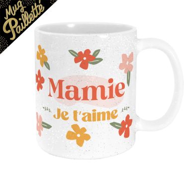 Mug "Mamie je t'aime" blanc avec fleurs, paillettes et texte coloré | jourdefete.com