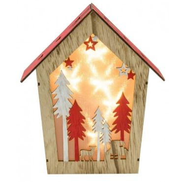 Décoration à poser Noël - Bois - Maison Lumineuse avec Forêt et Biche | jourdefete.com