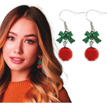 Boucles d’oreilles boules de Noël rouges avec nœud vert pailleté, crochet argenté – bijou fantaisie fêtes | jourdefete.com