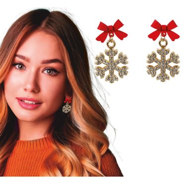 Boucles d’oreilles flocon de neige avec nœud rouge, strass étincelants, bijou de Noël | jourdefete.com