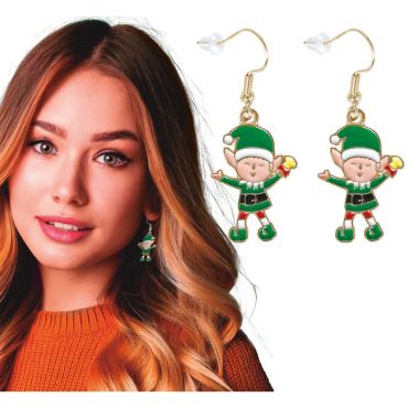 Boucles d’oreilles lutins de Noël en métal émaillé, pendentifs verts et rouges portés lors des fêtes | jourdefete.com
