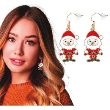 Boucles d’oreilles métalliques Père Noël rouge et blanc portées pendant les fêtes, crochets avec butées en silicone | jourdefete.com