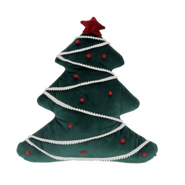 Coussin décoratif en forme de sapin de Noël vert avec guirlande et étoile rouge | jourdefete.com