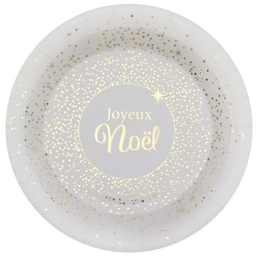 Assiettes en carton blanches Joyeux Noël avec décor doré scintillant | jourdefete.com
