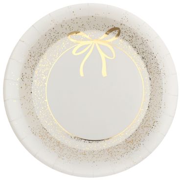 Assiettes en carton Noël Chic Ornement Étincelant ivoire Ø22,5 cm décor ruban doré | jourdefete.com