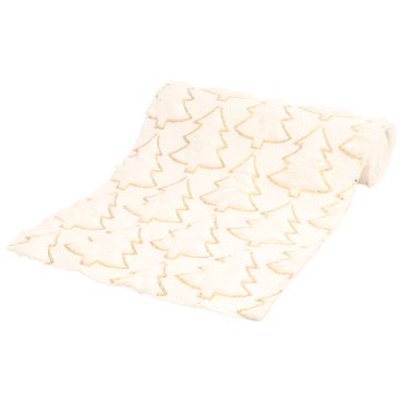 Chemin de table blanc décoré de sapins dorés en sequins pour Noël | jourdefete.com