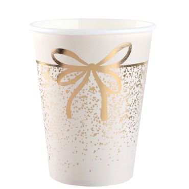 Gobelets en carton Noël Chic Ornement Étincelant ivoire 27 cl décor ruban doré | jourdefete.com
