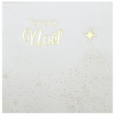 Serviettes de Noël scintillantes blanches et dorées Joyeux Noël 33x33 cm | jourdefete.com