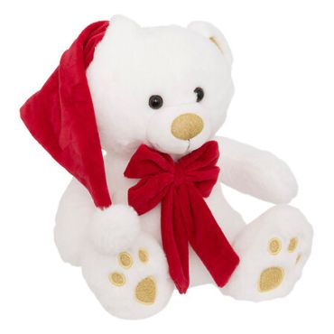 Ours en peluche blanc avec bonnet et écharpe rouges de Noël | jourdefete.com