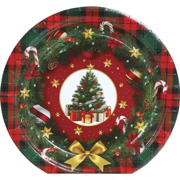 Assiettes en carton motif Sapin de Noël et décor festif rouge et vert | jourdefete.com