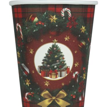 Gobelets en carton motif Sapin de Noël avec cadeaux et couronne décorative | jourdefete.com