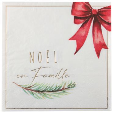 Serviettes Noël en Famille avec ruban rouge et branche de sapin | jourdefete.com
