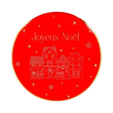 Assiettes carton Joyeux Noël rouge et or diamètre 23 cm décor maisons de Noël | jourdefete.com