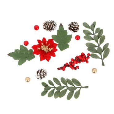 Assortiment décoratif Noël Enchanté rouge, vert et or avec pommes de pin, baies et fleur | jourdefete.com