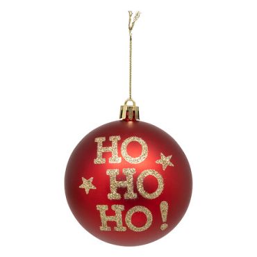Boule de Noël rouge "HO HO HO !" à paillettes dorées suspendue au sapin | jourdefete.com