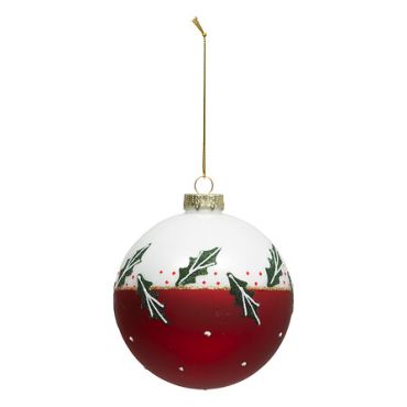 Boule de Noël en verre rouge et blanc décorée de feuilles de houx | jourdefete.com