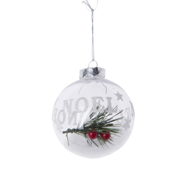 Boule de Noël transparente avec branche de pin et baies rouges | jourdefete.com