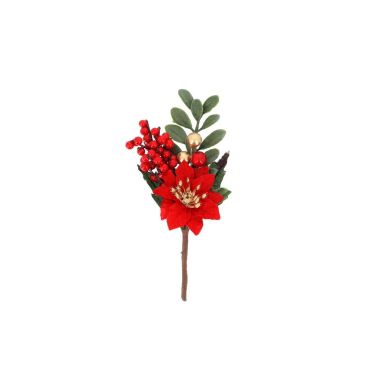 Branche décorative Noël Enchanté rouge, vert et or avec fleur, baies et feuillage | jourdefete.com