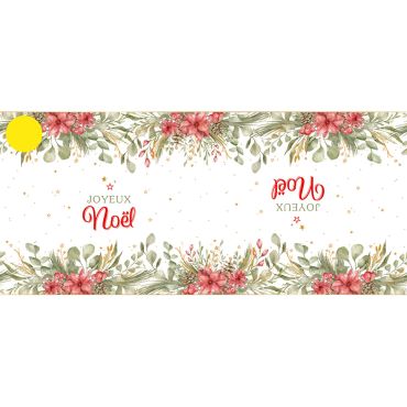 Chemin de table bouquet d’hiver Joyeux Noël avec motifs floraux et étoiles dorées | jourdefete.com