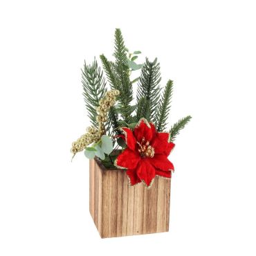 Composition de Noël en pot bois avec sapin artificiel et fleur rouge | jourdefete.com