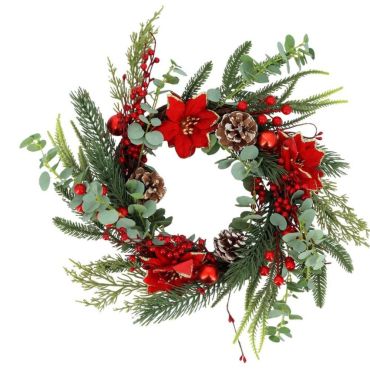 Couronne de Noël prestige rouge vert et doré avec fleurs et pommes de pin | jourdefete.com